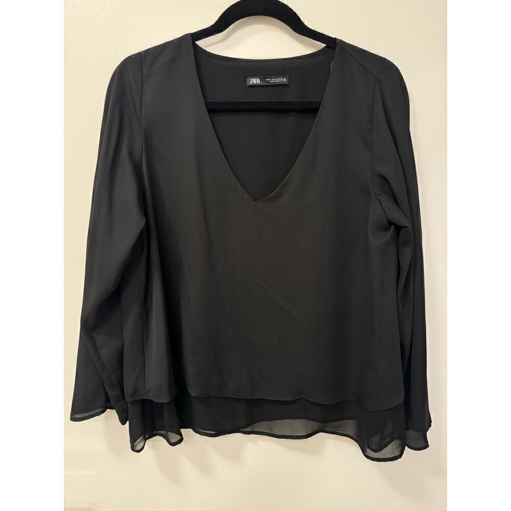 Zara Medium Black V Neck Flowy Blouse 3/4 Sleeve Layered Top